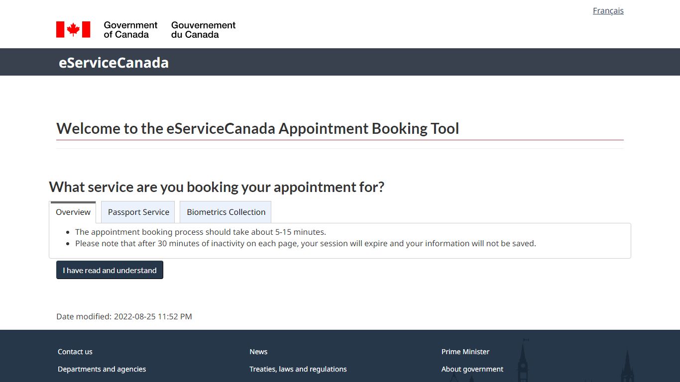 Welcome to the eServiceCanada Appointment Booking Tool