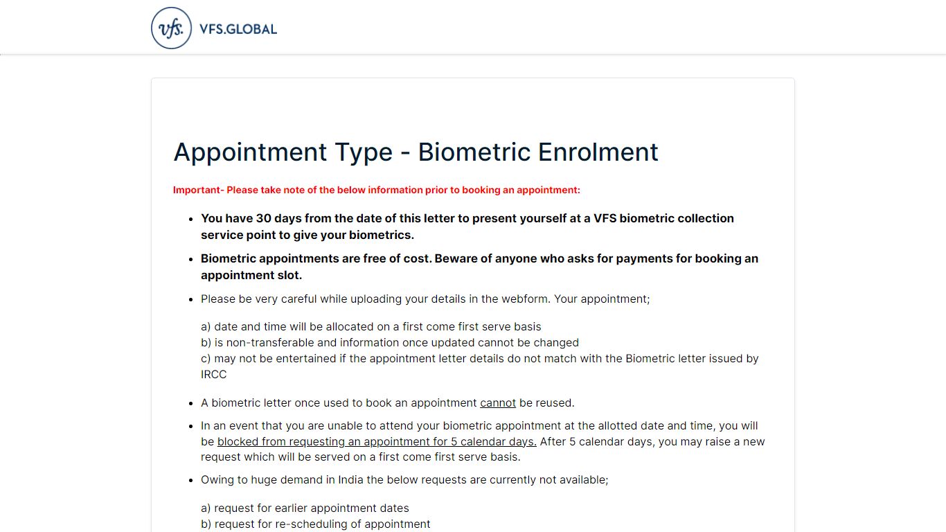 Appointment Type - Biometric Enrolment - miOOt